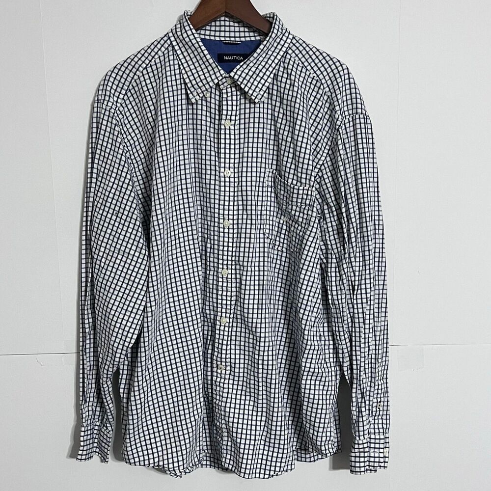 Nautica Mens Shirt Size 2XL White Checkered Oxford Long Sleeve Button Up Collar